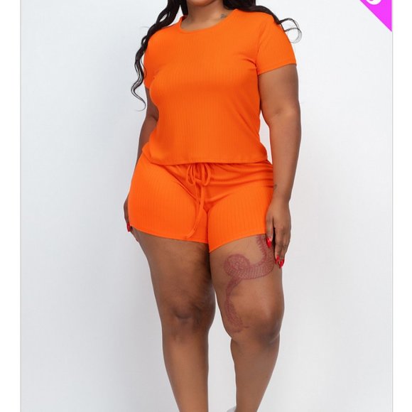 Plus Size Ribbed Lounge Set Women’s 2 Piece Top & Shorts Orange Pink 1X 2X 3X - Picture 1 of 8